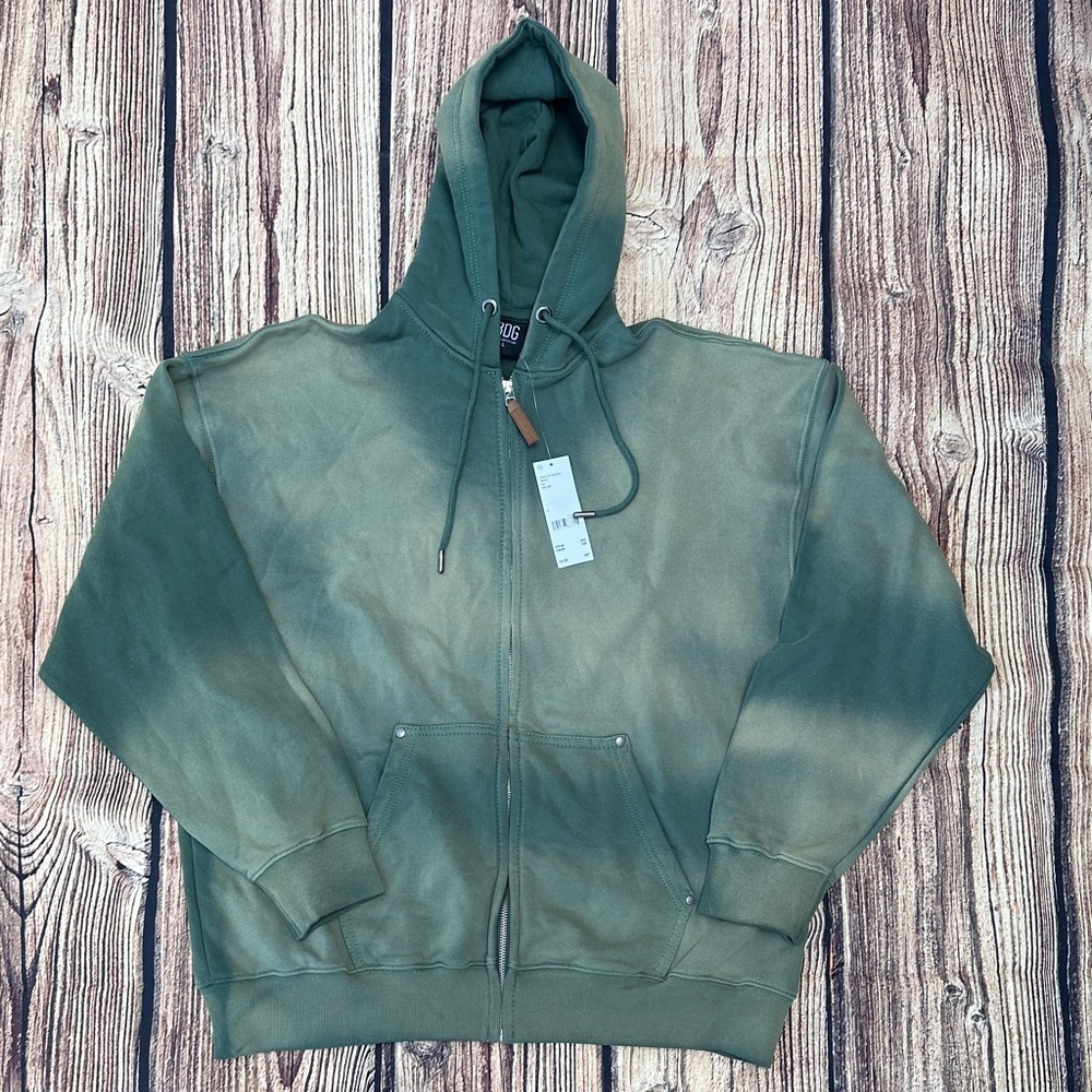 Distressed Green Hooded Zip-Up Sweatshirt